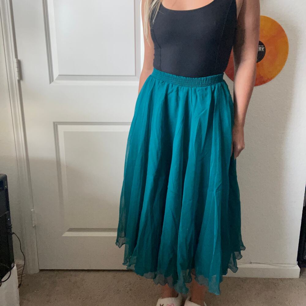 VTG Scarlet Rage Teal Elastic Waist High Rise Beach Chiffon Midi Skirt M NEW